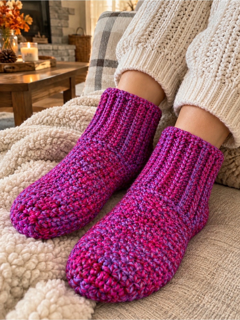 Hand Knit Slipper Socks Pink Purple Marled Chunky Cozy House Slippers L NWOT